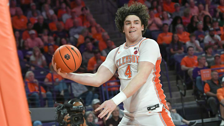 Mar 8, 2025; Clemson, SC, USA;  Clemson senior forward Ian Schieffelin (4) saves a ball from going out of bounds playing Virginia Tech, during the first half at Littlejohn Coliseum in Clemson, S.C Saturday, March 8, 2025.  Mandatory Credit: Ken Ruinard/USA TODAY Network via Imagn Images 