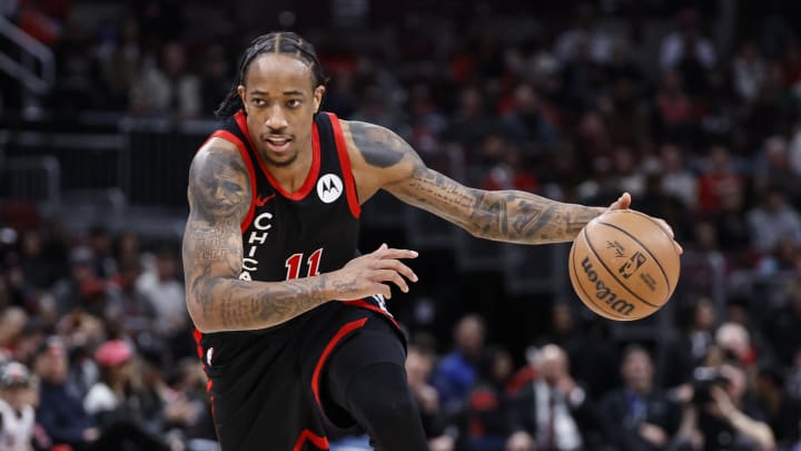 Apr 1, 2024; Chicago, Illinois, USA; Chicago Bulls forward DeMar DeRozan (11) brings the ball up court against the Atlanta Hawks during the first half at United Center. Mandatory Credit: Kamil Krzaczynski-USA TODAY Sports