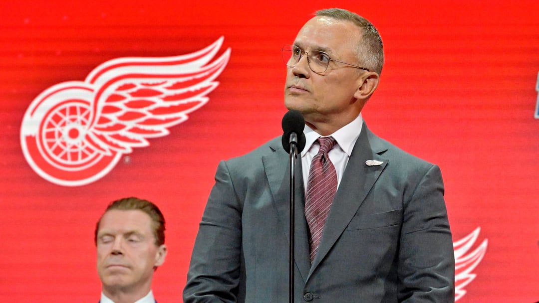 Jul 7, 2022; Montreal, Quebec, CANADA; Detroit Red Wings general manager Steve Yzerman announces Marco Kasper (not pictured) as the number eight overall pick to the Detroit Red Wings in the first round of the 2022 NHL Draft at Bell Centre. Mandatory Credit: Eric Bolte-Imagn Images