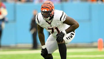 Dec 15, 2024; Nashville, Tennessee, USA;  Cincinnati Bengals offensive tackle Amarius Mims (71) in his stance against the Tennessee Titans during the first half at Nissan Stadium. Mandatory Credit: Steve Roberts-Imagn Images
