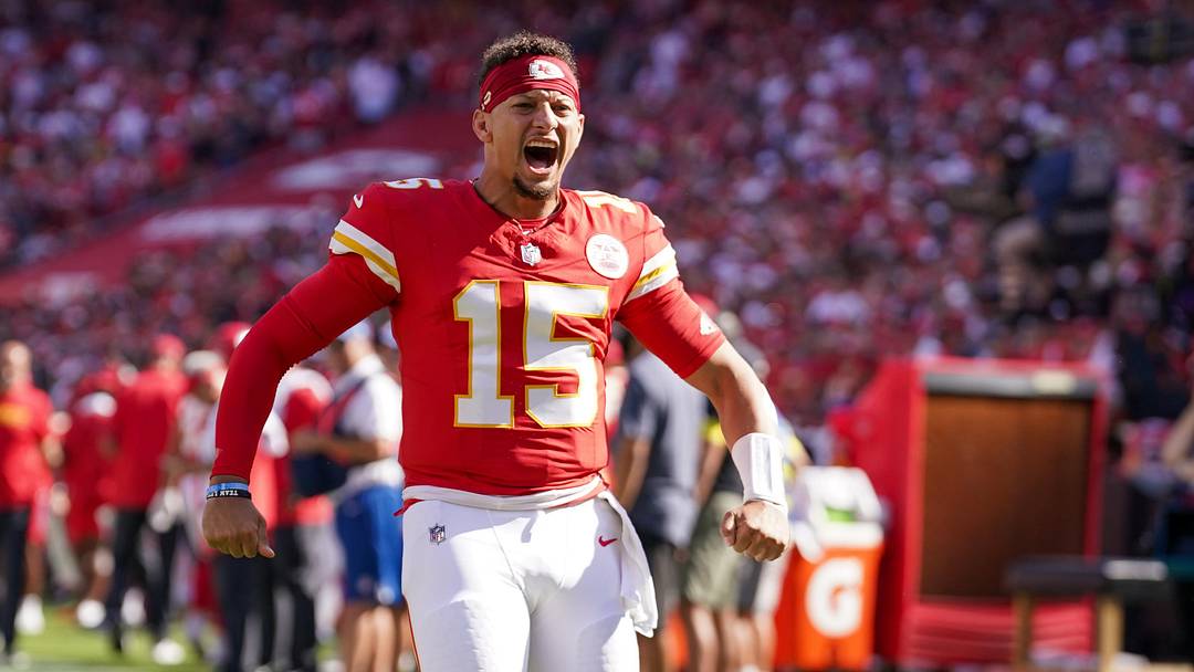 Sep 28, 2025; Kansas City, Missouri, USA; Kansas City Chiefs quarterback Patrick Mahomes (15) celebrates toward fans against the Baltimore Ravens prior to a game at GEHA Field at Arrowhead Stadium. Mandatory Credit: Denny Medley-Imagn Images