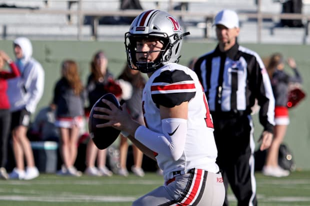 Flower Mound Marcus' Garrett Nussmeier drops back to pass against Amarillo Tascosa in 2019.