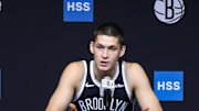 Sep 23, 2025; Brooklyn, NY, USA;  Brooklyn Nets guard Egor Demin (8) speaks at Media Day. Mandatory Credit: Wendell Cruz-Imagn Images