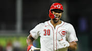 Aug 28, 2024; Cincinnati, Ohio, USA; Cincinnati Reds outfielder Will Benson (30) reacts after hitting a three-run home run in the seventh inning against the Oakland Athletics at Great American Ball Park. Mandatory Credit: Katie Stratman-Imagn Images