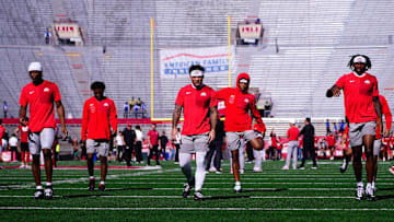 Ohio State Buckeyes warm-up before the game against the Wisconsin Badgers at Camp Randall Stadium on Saturday, Oct. 18, 2025 in Madison, Wisconsin.