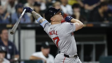 Jun 6, 2024; Chicago, Illinois, USA; Boston Red Sox outfielder Tyler O'Neill (17) hits a single against the Chicago White Sox during the sixth inning at Guaranteed Rate Field. Mandatory Credit: Kamil Krzaczynski-USA TODAY Sports