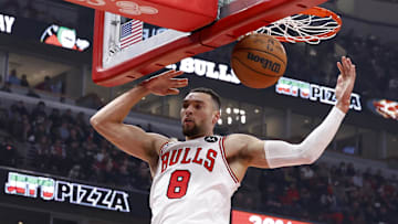 Jan 10, 2025; Chicago, Illinois, USA; Chicago Bulls guard Zach LaVine (8) scores against the Washington Wizards during the first half at United Center. Mandatory Credit: Kamil Krzaczynski-Imagn Images
