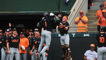 Tennessee's Christian Moore (1) and Tennessee's Cannon Peebles (5) celebrate after Moore hits a home run during a NCAA Baseball Tournament Knoxville Regional game at Lindsey Nelson Stadium on Saturday, June 1, 2024 in Knoxville, Tenn.