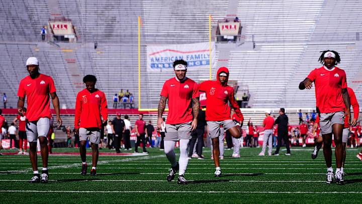 Ohio State Buckeyes warm-up before the game against the Wisconsin Badgers at Camp Randall Stadium on Saturday, Oct. 18, 2025 in Madison, Wisconsin.