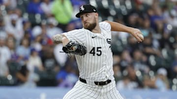Aug 9, 2024; Chicago, Illinois, USA; Chicago White Sox starting pitcher Garrett Crochet (45) delivers a pitch against the Chicago Cubs during the first inning at Guaranteed Rate Field. Mandatory Credit: Kamil Krzaczynski-Imagn Images