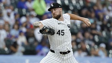Aug 9, 2024; Chicago, Illinois, USA; Chicago White Sox starting pitcher Garrett Crochet (45) delivers a pitch against the Chicago Cubs during the first inning at Guaranteed Rate Field.