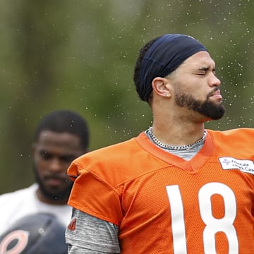 Jun 3, 2025; Lake Forest, IL, USA; Chicago Bears quarterback Caleb Williams (18) cools off during minicamp at Halas Hall. 