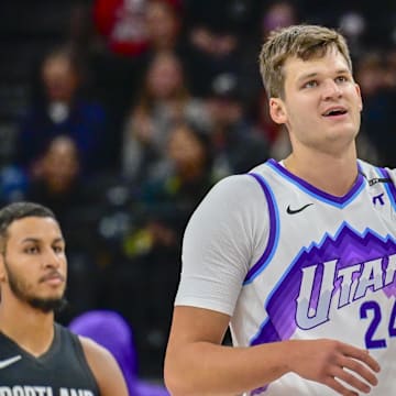 Oct 16, 2025; Salt Lake City, Utah, USA; Utah Jazz center Walker Kessler (24) smiles after making a great play during the first half against the Portland Trail Blazers at Delta Center. Mandatory Credit: Peter Creveling-Imagn Images
