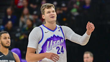 Oct 16, 2025; Salt Lake City, Utah, USA; Utah Jazz center Walker Kessler (24) smiles after making a great play during the first half against the Portland Trail Blazers at Delta Center. Mandatory Credit: Peter Creveling-Imagn Images