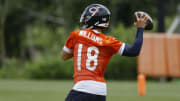 Jun 5, 2024; Lake Forest, IL, USA; Chicago Bears quarterback Caleb Williams (18) looks to pass the ball during the team's minicamp at Halas Hall.