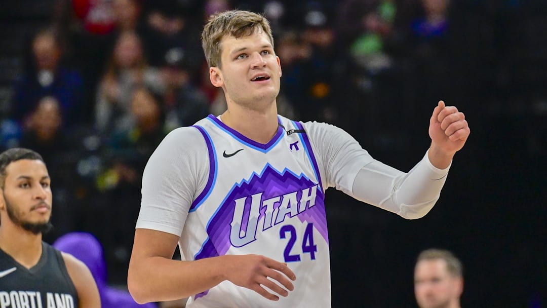 Oct 16, 2025; Salt Lake City, Utah, USA; Utah Jazz center Walker Kessler (24) smiles after making a great play during the first half against the Portland Trail Blazers at Delta Center. Mandatory Credit: Peter Creveling-Imagn Images Oct 16, 2025; Salt Lake City, Utah, USA; Utah Jazz center Walker Kessler (24) smiles after making a great play during the first half against the Portland Trail Blazers at Delta Center. Mandatory Credit: Peter Creveling-Imagn Images
