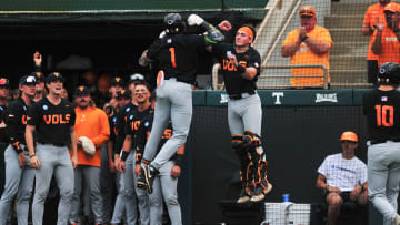 Tennessee's Christian Moore (1) and Tennessee's Cannon Peebles (5) celebrate after Moore hits a home run during a NCAA Baseball Tournament Knoxville Regional game at Lindsey Nelson Stadium on Saturday, June 1, 2024 in Knoxville, Tenn.