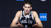 Sep 23, 2025; Brooklyn, NY, USA;  Brooklyn Nets guard Egor Demin (8) speaks at Media Day. Mandatory Credit: Wendell Cruz-Imagn Images