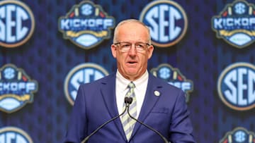 Jul 16, 2025; Atlanta, GA, USA; SEC commissioner Greg Sankey speaks to the media during the SEC Media Day at Omni Atlanta Hotel. Mandatory Credit: Jordan Godfree-Imagn Images