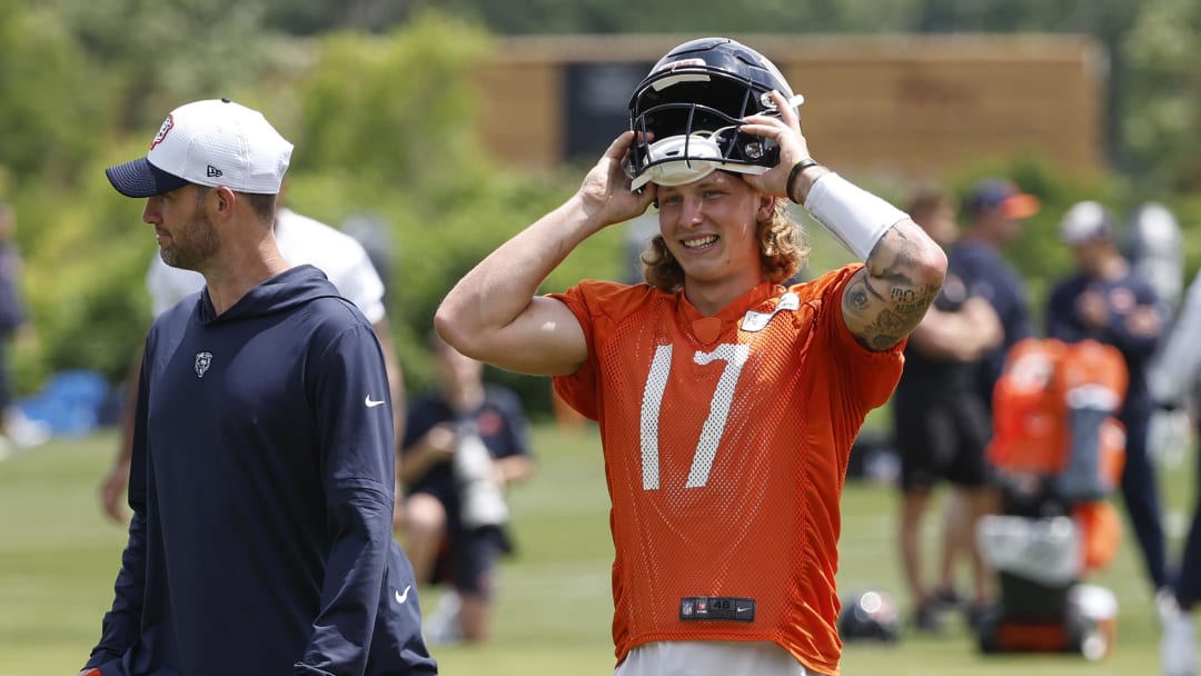 Jun 5, 2024; Lake Forest, IL, USA; Chicago Bears quarterback Tyson Bagent (17) smiles during the team's minicamp at Halas Hall. Mandatory Credit: Kamil Krzaczynski-USA TODAY Sports