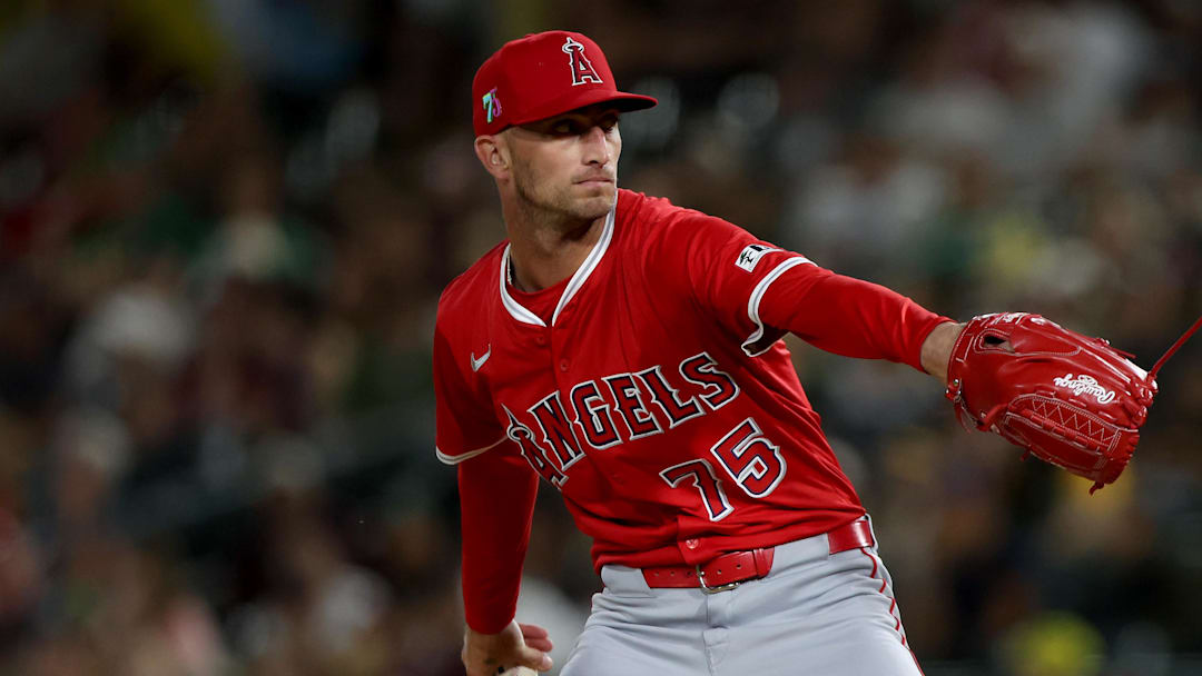Aug 16, 2025; West Sacramento, California, USA; Los Angeles Angels pitcher Connor Brogdon (75) throws a pitch against the Athletics during the eighth inning at Sutter Health Park. Mandatory Credit: Dennis Lee-Imagn Images