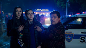 (L to R) Catherine Zeta-Jones as Morticia Addams, Isaac Ordonez as Pugsley Addams, and Luis Guzmán as Gomez Addams in episode 203 of Wednesday
