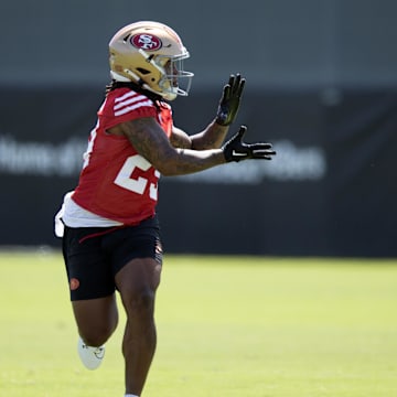 Jun 11, 2025; Santa Clara, CA, USA; San Francisco 49ers running back Jordan James (29) catches a pass during a team OTA at Levi's Stadium. Mandatory Credit: D. Ross Cameron-Imagn Images