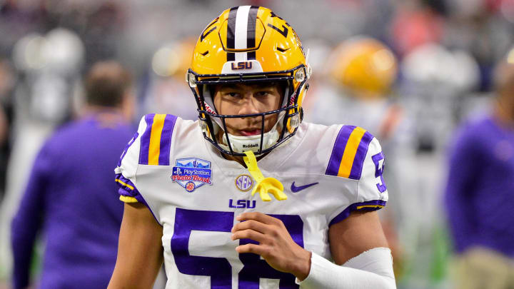 Jan 1, 2019; Glendale, AZ, USA; LSU Tigers linebacker Jared Small (58) looks on prior to the game against the UCF Knights during the 2019 Fiesta Bowl at State Farm Stadium