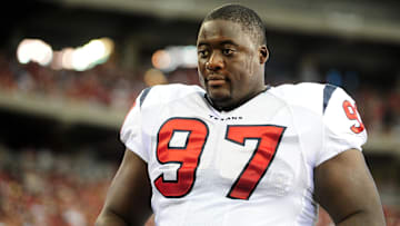 Aug. 14, 2010; Glendale, AZ, USA; Houston Texans defensive tackle Frank Okam against the Arizona Cardinals at University of Phoenix Stadium. Arizona defeated Houston 19-16. Mandatory Credit: Mark J. Rebilas-Imagn Images