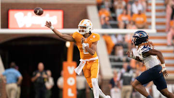 Tennessee quarterback Nico Iamaleava (8) throws to wide receiver Kaleb Webb (84) during the NCAA college football game against UTSA on Saturday, September 23, 2023 in Knoxville, Tenn.