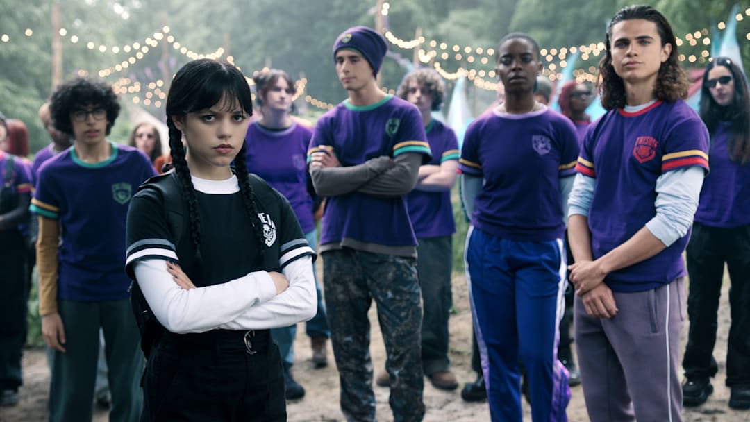 (L to R) Moosa Mostafa as Eugene, Jenna Ortega as Wednesday Addams, Georgie Farmer as Ajax, Joy Sunday as Bianca Barclay, and Oliver Watson as Kent in episode 203 of Wednesday