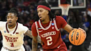Mar 27, 2025; San Francisco, CA, USA; Arkansas Razorbacks guard Boogie Fland (2) drives to the hoop past Texas Tech Red Raiders guard Elijah Hawkins (3) during the first half during a West Regional semifinal of the 2025 NCAA tournament at Chase Center. Mandatory Credit: Eakin Howard-Imagn Images