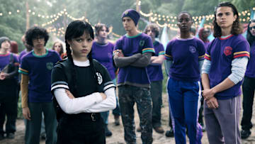 Wednesday. (L to R) Moosa Mostafa as Eugene, Jenna Ortega as Wednesday Addams, Georgie Farmer as Ajax, Joy Sunday as Bianca Barclay, Oliver Watson as Kent in episode 203 of Wednesday