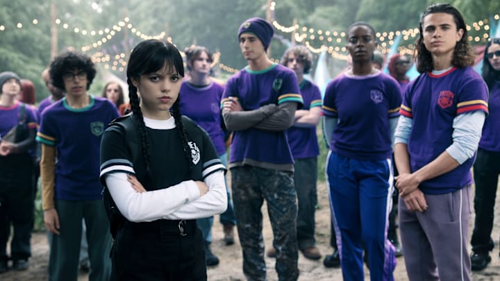 Wednesday. (L to R) Moosa Mostafa as Eugene, Jenna Ortega as Wednesday Addams, Georgie Farmer as Ajax, Joy Sunday as Bianca Barclay, Oliver Watson as Kent in episode 203 of Wednesday