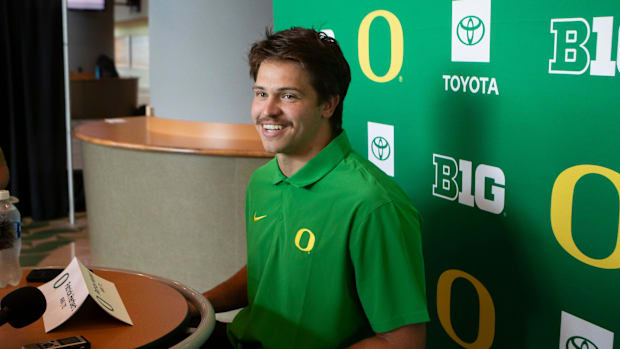 Oregon tight end Patrick Herbert speaks during Oregon football’s media day Monday, July 29, 2024 at Autzen Stadium in Eugene,