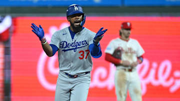 Oct 4, 2025; Philadelphia, Pennsylvania, USA; Los Angeles Dodgers right fielder Teoscar Hernández (37) reacts after hitting a 3-run home run during the seventh inning against the Philadelphia Phillies during game one of the NLDS round for the 2025 MLB playoffs at Citizens Bank Park.