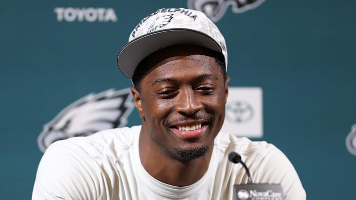 May 28, 2025; Philadelphia, PA, USA; Philadelphia Eagles cornerback Quinyon Mitchell speaks with the media during OTAs at NovaCare Complex. Mandatory Credit: Bill Streicher-Imagn Images