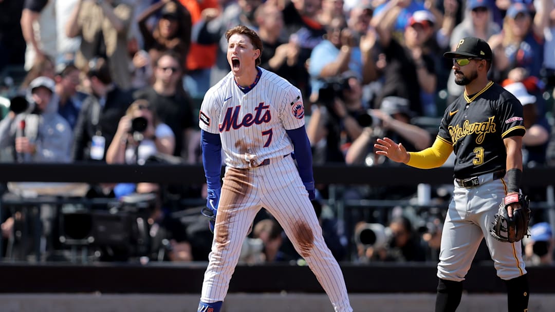 Mar 26, 2026; New York City, New York, USA; New York Mets designated hitter Brett Baty (7) reacts after hitting an RBI triple against the Pittsburgh Pirates during the first inning at Citi Field. Mandatory Credit: Brad Penner-Imagn Images