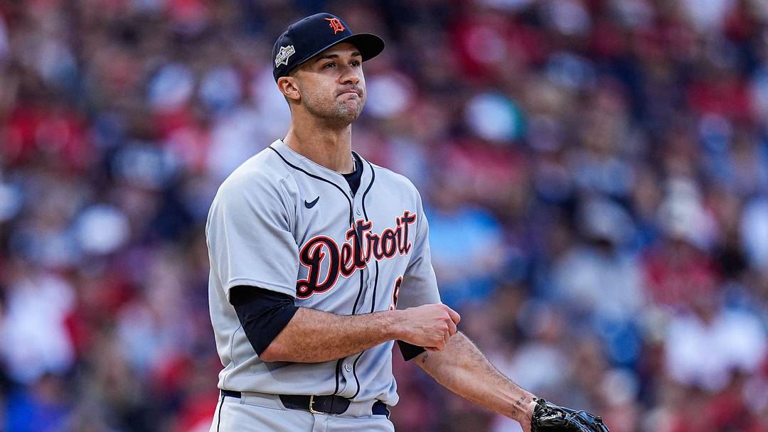 Detroit Tigers pitcher Jack Flaherty (9) reacts after a play. Detroit Tigers pitcher Jack Flaherty (9) reacts after a play.