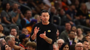 Oct 28, 2024; Phoenix, Arizona, USA; Los Angeles Lakers head coach JJ Redick against the Phoenix Suns at Footprint Center. Mandatory Credit: Mark J. Rebilas-Imagn Images