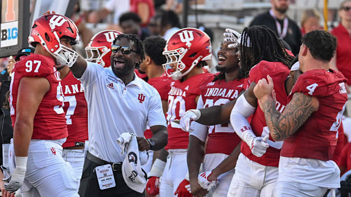 Aug 31, 2024; Bloomington, Indiana, USA;  Indiana Hoosiers defensive lineman Mario Landino (97) celebrates after a defensive stop against the Florida International Panthers.