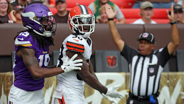 Cleveland Browns cornerback Tony Brown II, center, reacts after Minnesota Vikings wide receiver Malik Knowles' catch was called a touchdown during the second half of an NFL preseason football game at Cleveland Browns Stadium, Saturday, Aug. 17, 2024, in Cleveland, Ohio.