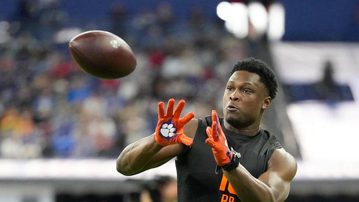 Feb 28, 2026; Indianapolis, IN, USA; Clemson running back Adam Randall (RB16) during the NFL Scouting Combine at Lucas Oil Stadium. Mandatory Credit: Kirby Lee-Imagn Images