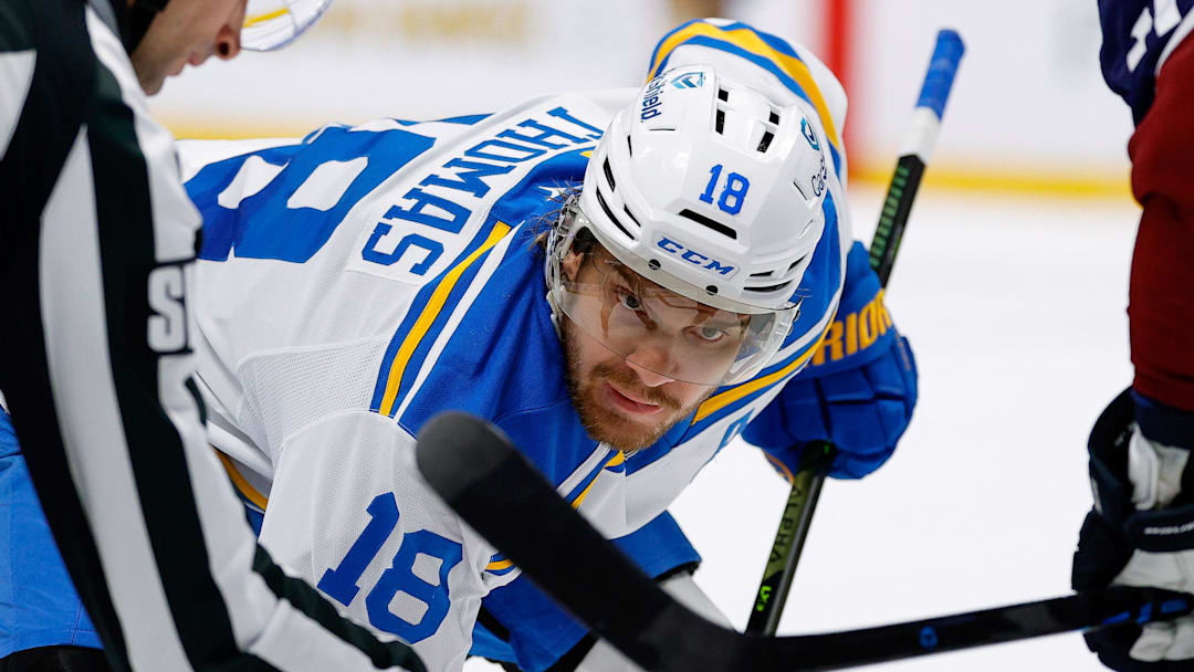 Apr 5, 2026; Denver, Colorado, USA; St. Louis Blues center Robert Thomas (18) faces off against Colorado Avalanche center Brock Nelson (11) as linesman Travis Gawryletz (67) drops the puck in the third period at Ball Arena. Mandatory Credit: Isaiah J. Downing-Imagn Images