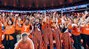 The Orange Krush fan section make noise for the Illinois men's basketball team in the Illini's 113-70 win over Florida Gulf Coast last Friday at State Farm Center in Champaign, Illinois.