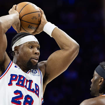 Jan 15, 2025; Philadelphia, Pennsylvania, USA; Philadelphia 76ers forward Guerschon Yabusele (28) in action against the New York Knicks during the fourth quarter at Wells Fargo Center. Mandatory Credit: Bill Streicher-Imagn Images