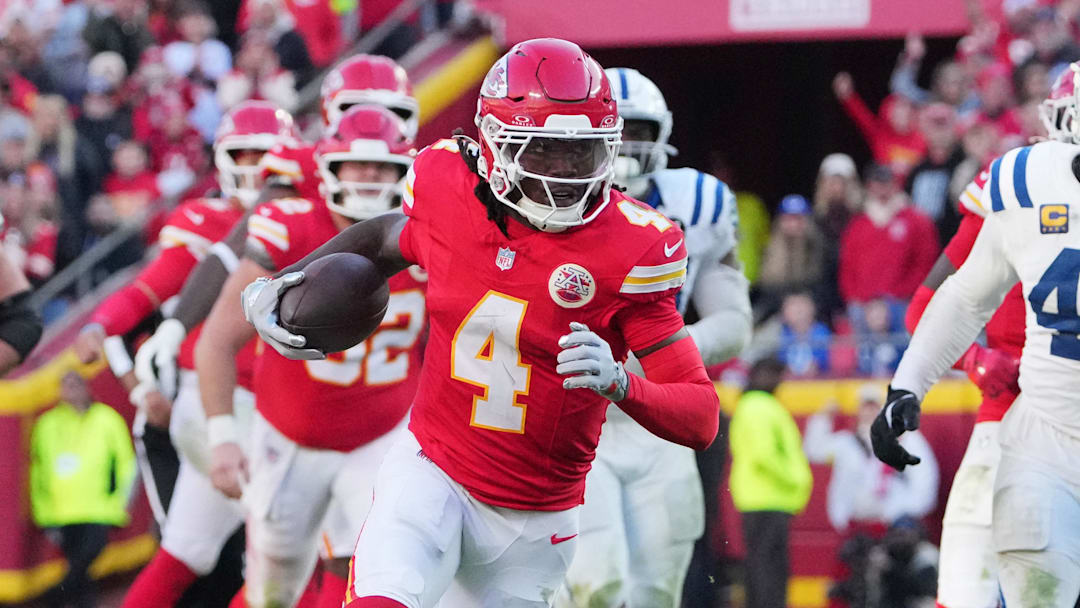 Nov 23, 2025; Kansas City, Missouri, USA;  Kansas City Chiefs wide receiver Rashee Rice (4) runs against the Indianapolis Colts in overtime at GEHA Field at Arrowhead Stadium. Mandatory Credit: Denny Medley-Imagn Images