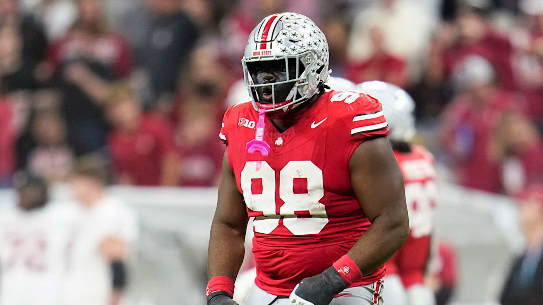 Ohio State Buckeyes defensive tackle Kayden McDonald (98) celebrates during the first half of the Big Ten Conference championship game against the Indiana Hoosiers at Lucas Oil Stadium in Indianapolis on Dec. 6, 2025.