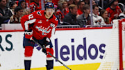 Jan 2, 2025; Washington, District of Columbia, USA; Washington Capitals defenseman Martin Fehervary (42) handles the puck against the Minnesota Wild at Capital One Arena. Mandatory Credit: Peter Casey-Imagn Images
