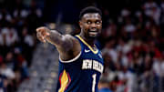 Oct 24, 2025; New Orleans, Louisiana, USA;  New Orleans Pelicans forward Zion Williamson (1) reacts to a play against the San Antonio Spurs during the second half at Smoothie King Center. Mandatory Credit: Stephen Lew-Imagn Images